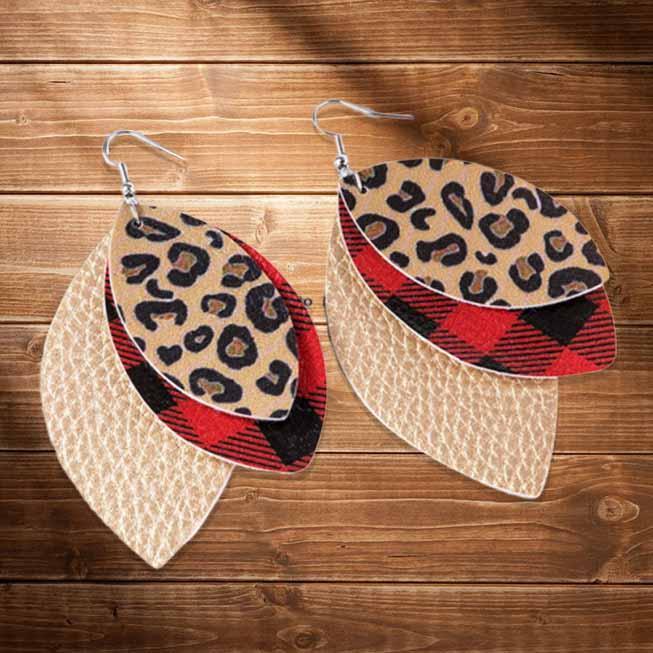 Plaid Leopard Printed Three-Layered Earrings