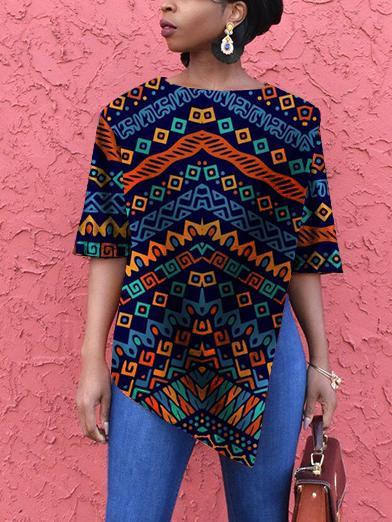 Casual round neck print irregular hem top