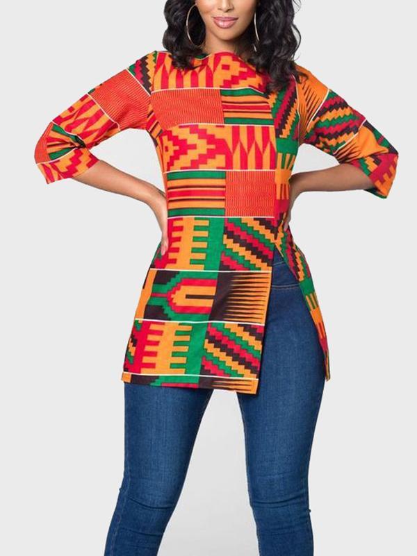 Ethnic Zipper Round Neck Mid-length Split Top