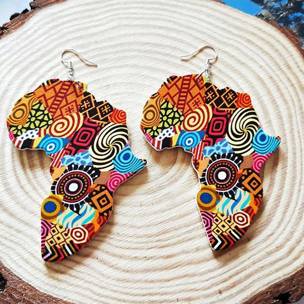 Map Pattern Geometric Round Wooden Earrings