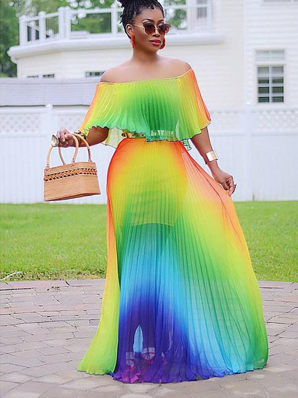 Colorful Gadient Word Shoulder Pleated Dress