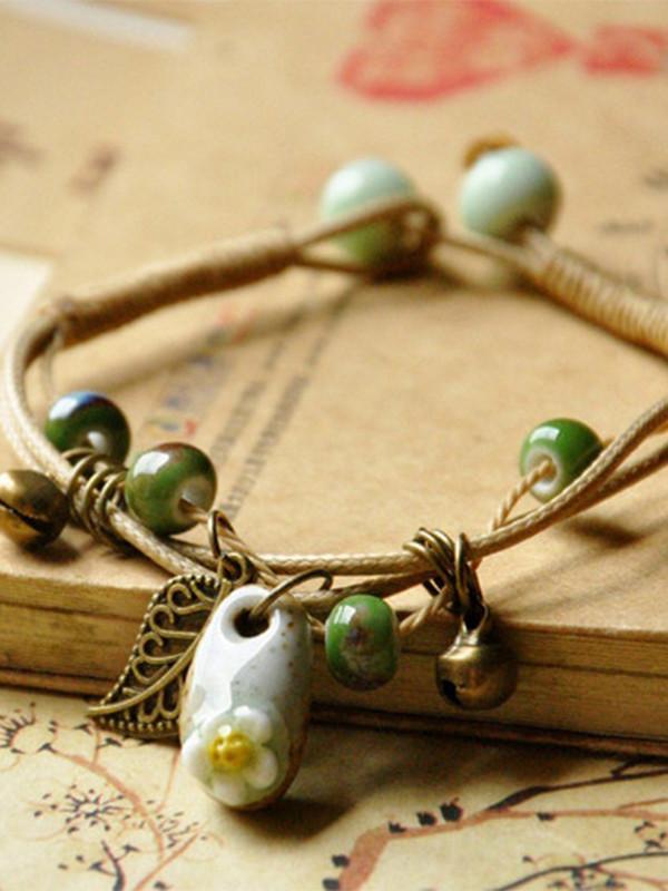 Women's hand-woven ethnic ceramic beads flower bracelet