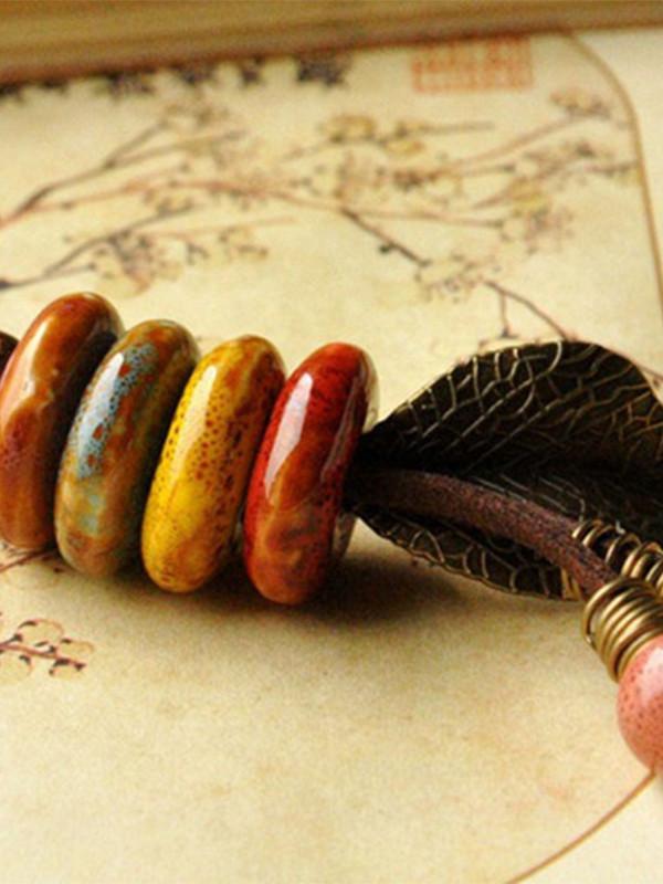 Retro ethnic ceramic sweater chain leaf necklace women's pure knit sweater chain