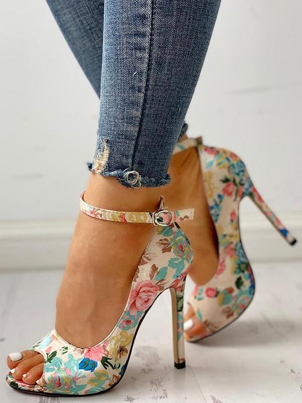 Floral Peep Toe Ankle Strap Heeled Sandals