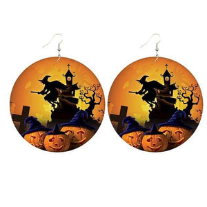 Halloween wooden pumpkin castle bat ghost earrings