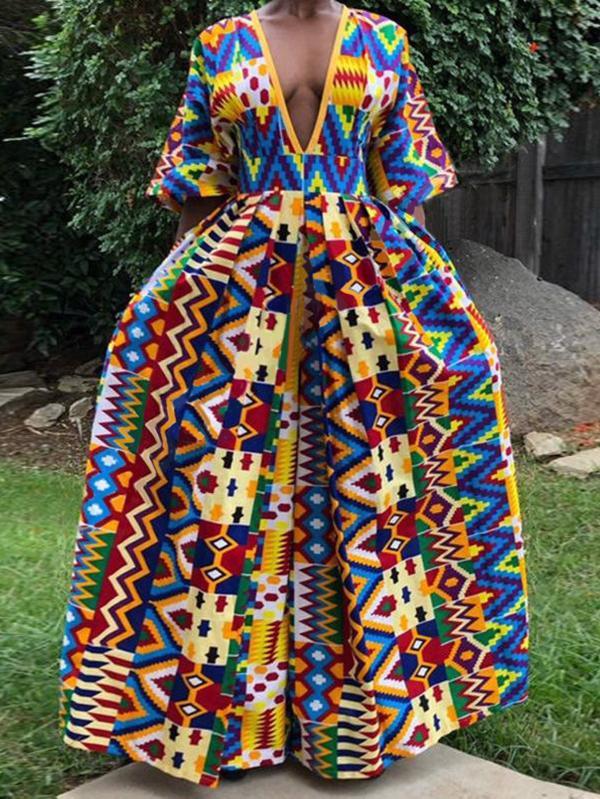 Sexy Ethnic Printed V-neck Mid-sleeved Jumpsuit