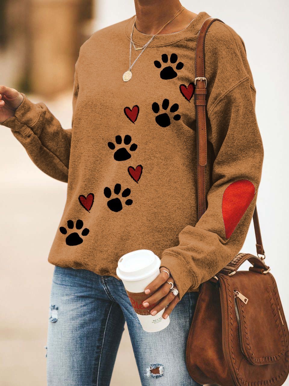 Women's casual round neck dog paw print sweater
