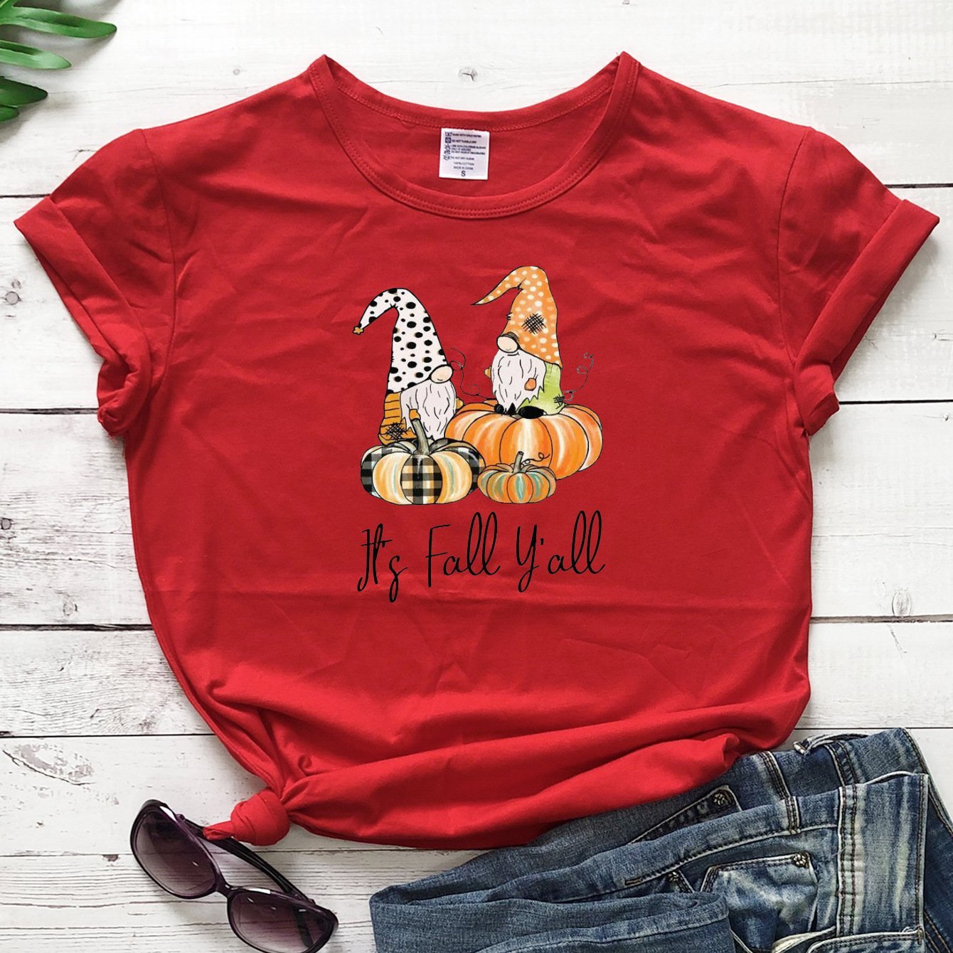 Women's Thanksgiving Fall Plaid Pumpkin Gnomies Print T-shirt