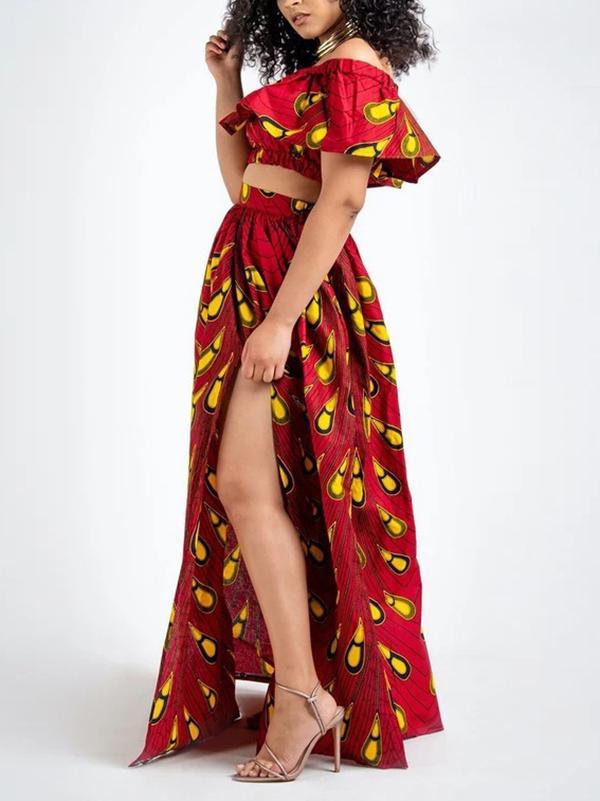 Fashion African Print Slotted Neck Top Split Long Skirt Two Piece Set