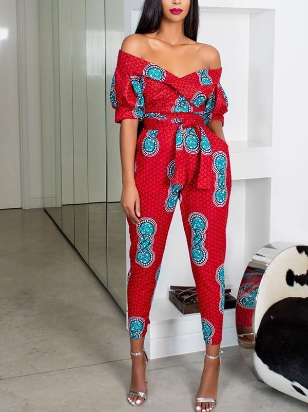 Women's Ethnic Lantern Sleeve Strapless Jumpsuit