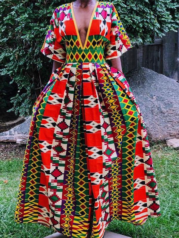 Sexy Ethnic Printed V-neck Mid-sleeved Jumpsuit