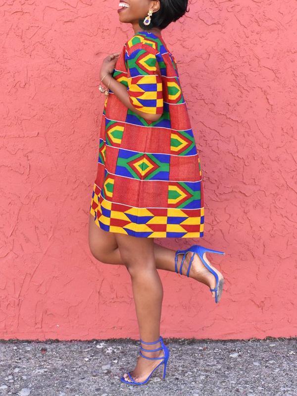 Ethnic Printed V-neck Short Dress