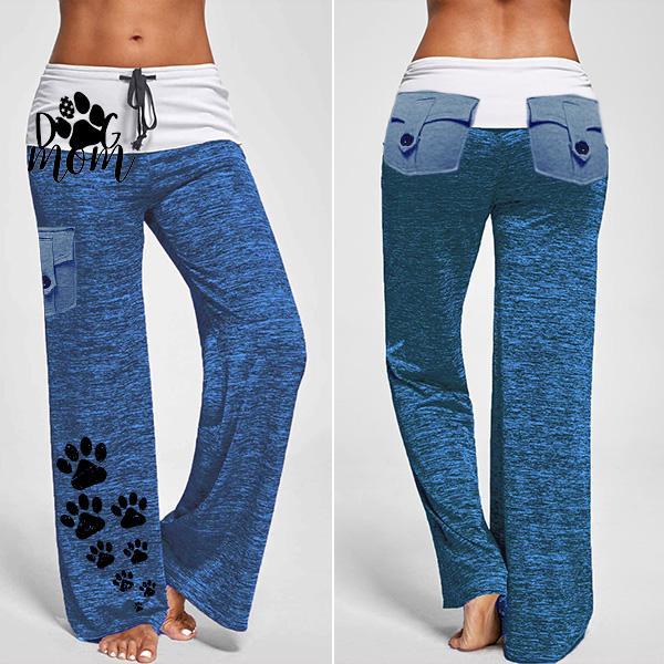 Women's Dog Mom's Paw Print Drawstring Pockets Stretch Wide Leg Yoga Pants