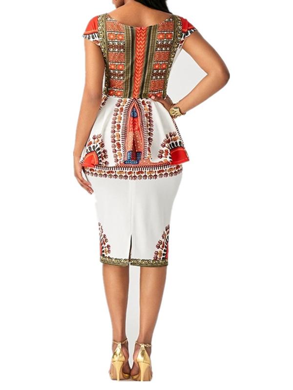 Women's printed short-sleeved slim skirt two-piece suit
