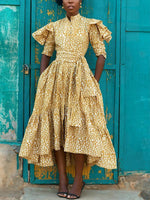 Load image into Gallery viewer, Ethnic print slim irregular pleated dress
