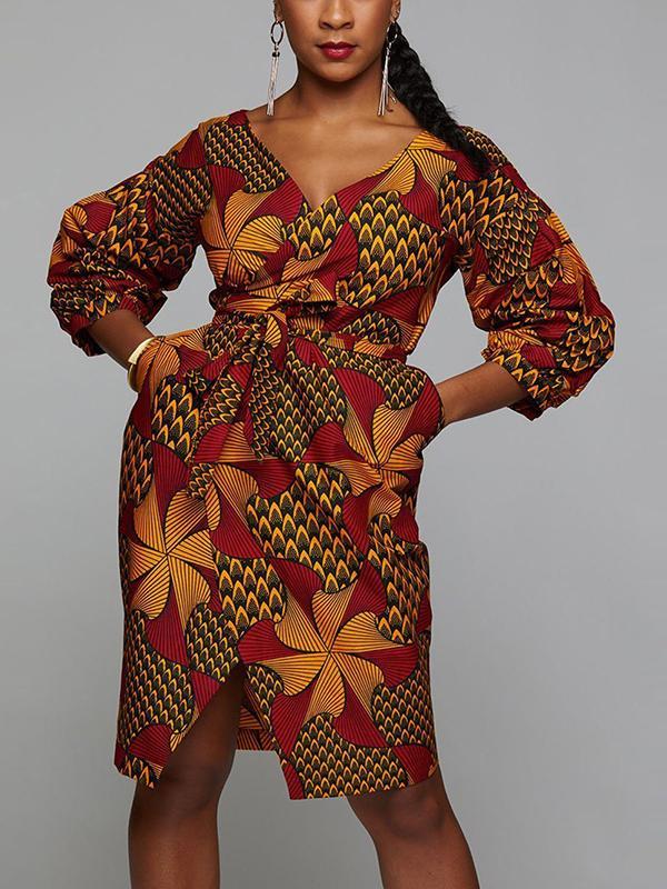 Ethnic V-neck lantern sleeve waist dress