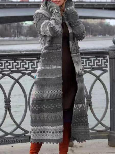 Women's Vintage Lace Stitching Printed Button Woolen Coat