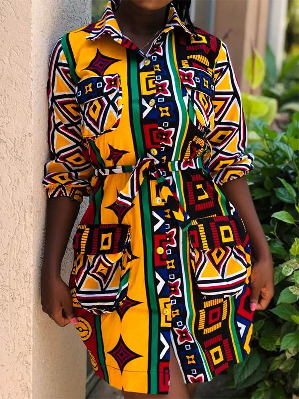 Ethnic print casual shirt dress