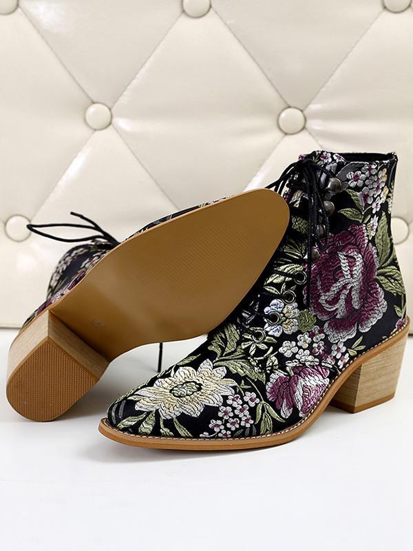Ladies Embroidered Print Block Heel Shoes
