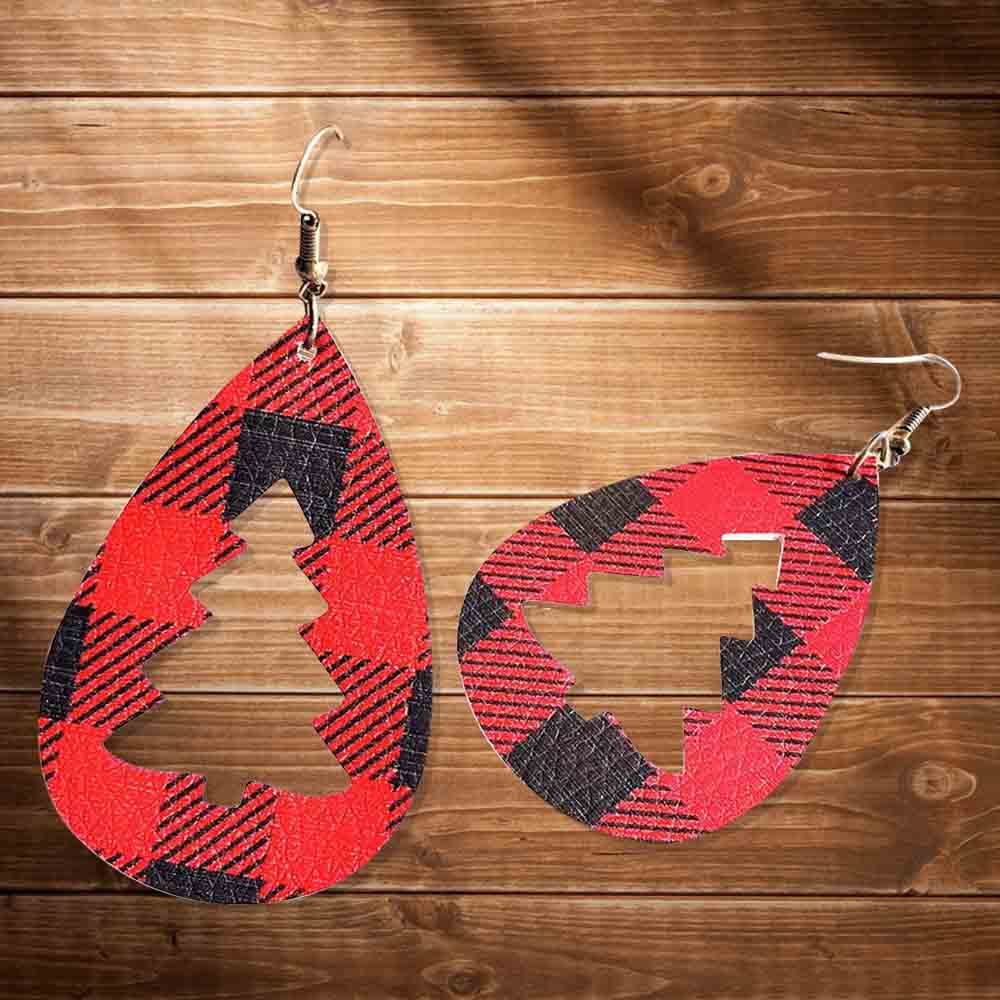 Plaid Hollow Out Christmas Tree Leather Earrings