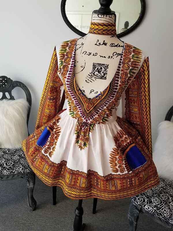 Ladies Elegant African Ankara Print Deep V-neck Sexy Dress