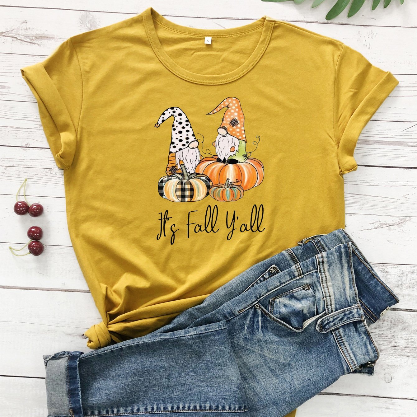 Women's Thanksgiving Fall Plaid Pumpkin Gnomies Print T-shirt