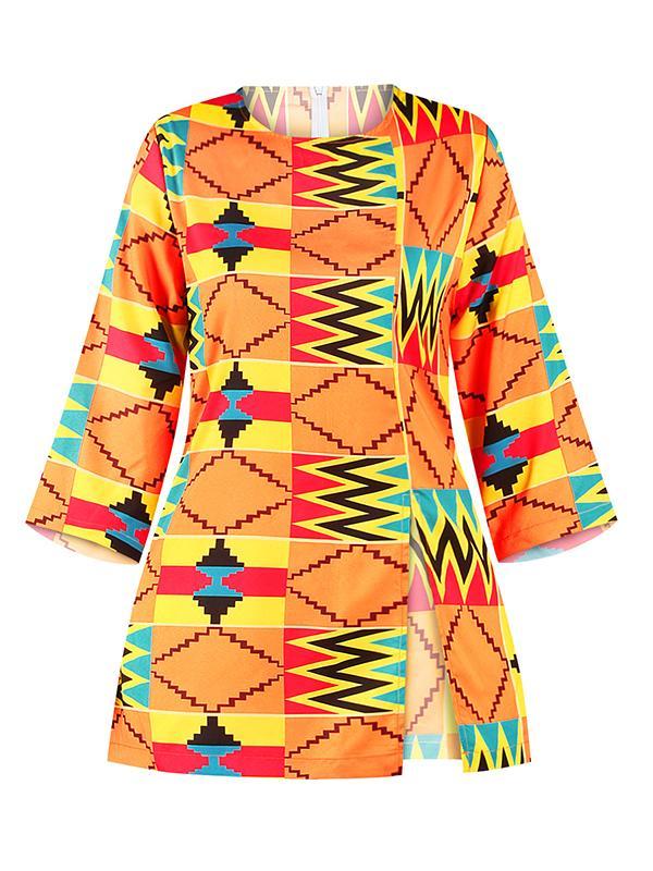 Ethnic Zipper Round Neck Mid-length Split Top