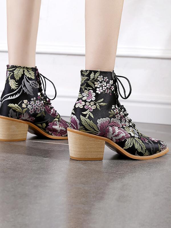 Ladies Embroidered Print Block Heel Shoes