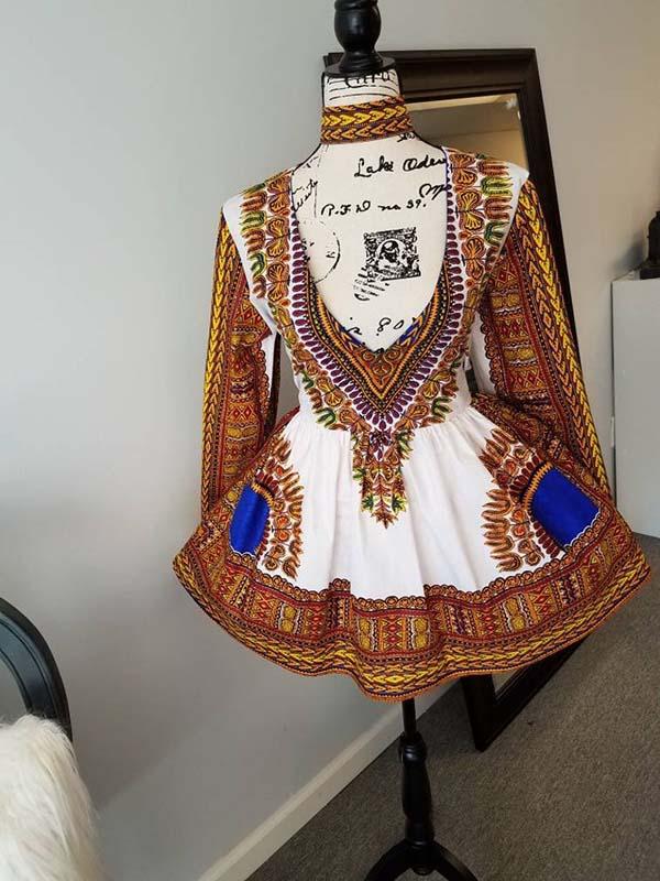 Ladies Elegant African Ankara Print Deep V-neck Sexy Dress