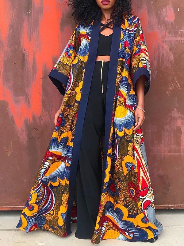 Women's Ethnic Printed Half-sleeved Long Coat