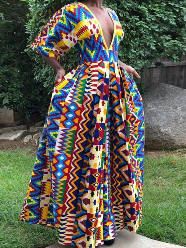 Sexy Ethnic Printed V-neck Mid-sleeved Jumpsuit