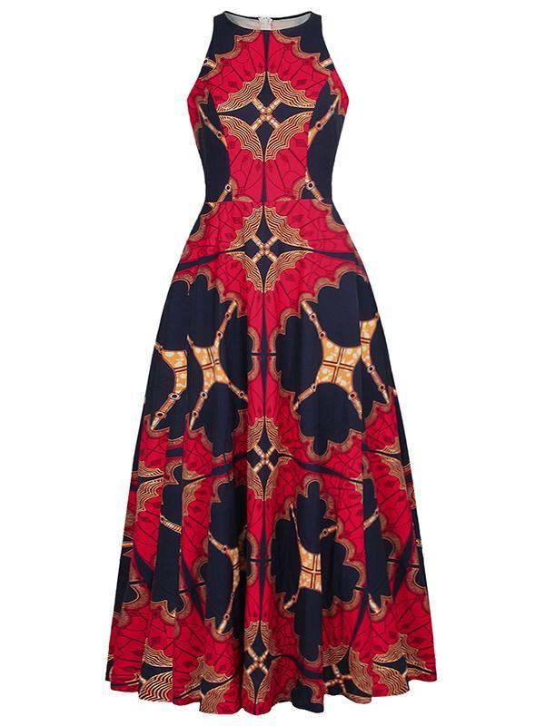 Women's Round Neck Sleeveless Ethnic Print Dress