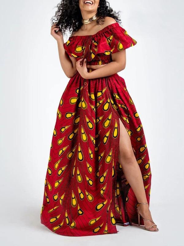 Fashion African Print Slotted Neck Top Split Long Skirt Two Piece Set