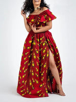 Load image into Gallery viewer, Fashion African Print Slotted Neck Top Split Long Skirt Two Piece Set
