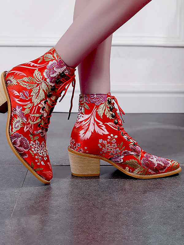 Ladies Embroidered Print Block Heel Shoes