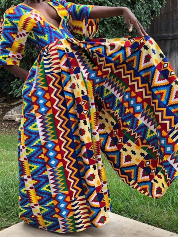 Sexy Ethnic Printed V-neck Mid-sleeved Jumpsuit