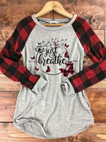 Load image into Gallery viewer, Women&#39;s Just Breathe Dandelion Print Check Sleeve T-Shirt
