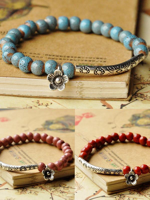 Ethnic style ceramic bracelet flower glaze bead bracelet