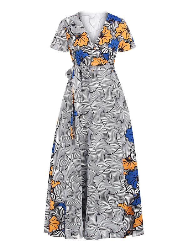 Ethnic Print V-neck Short Sleeve Dress