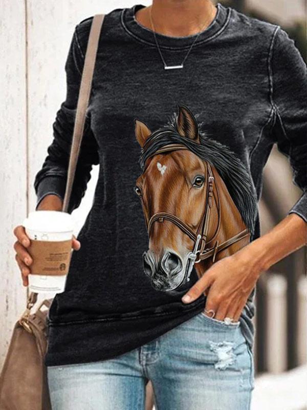 Ladies horse print crew neck sweatshirt