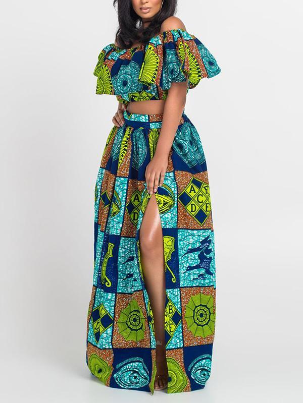 Women's Fashion Word Shoulder Ethnic Print Two-piece Set