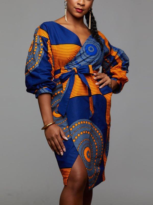 Ethnic V-neck lantern sleeve waist dress