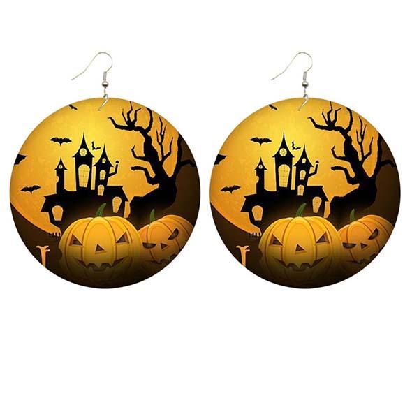 Halloween wooden pumpkin castle bat ghost earrings