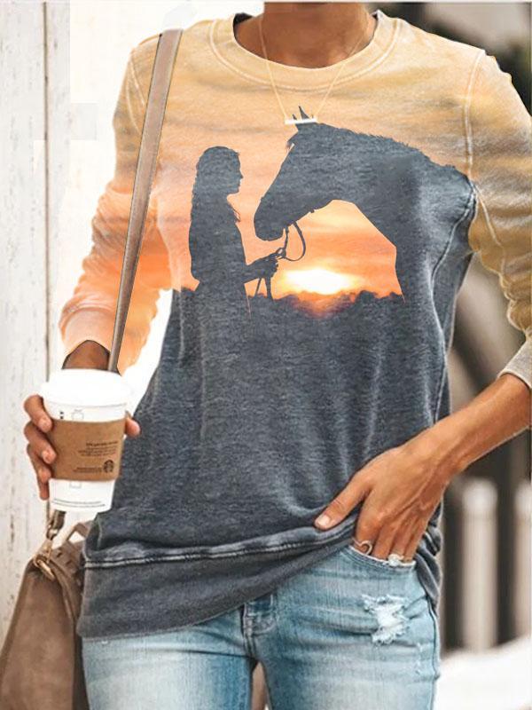 Girl And Horse Print Long Sleeve Sweatshirt
