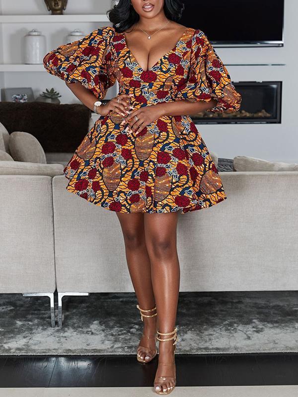 Fashion V-neck Lantern Sleeve Dress