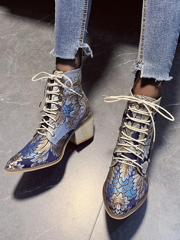 Ladies Embroidered Print Block Heel Shoes