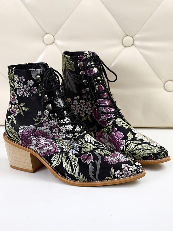 Ladies Embroidered Print Block Heel Shoes