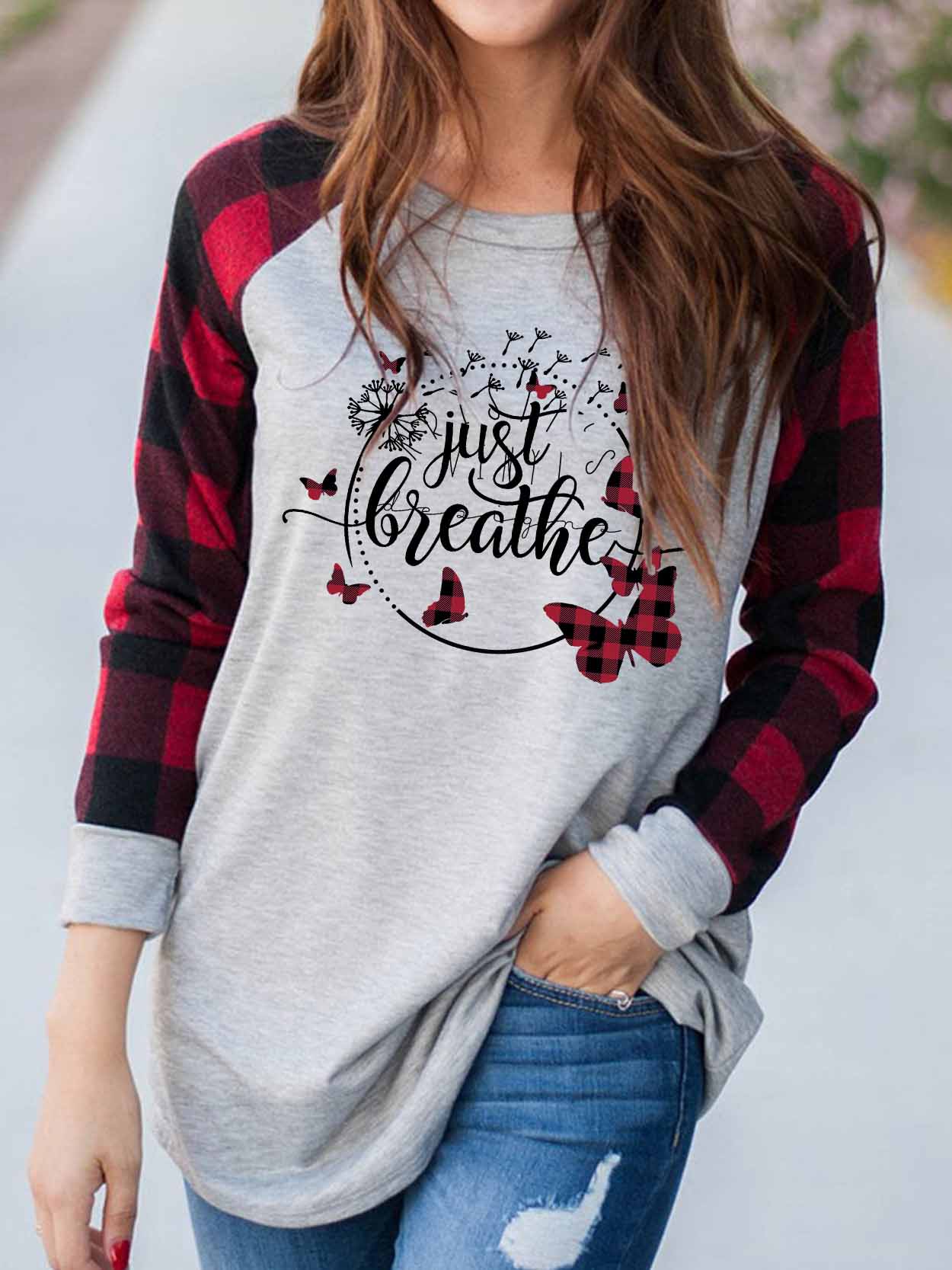 Women's Just Breathe Dandelion Print Check Sleeve T-Shirt