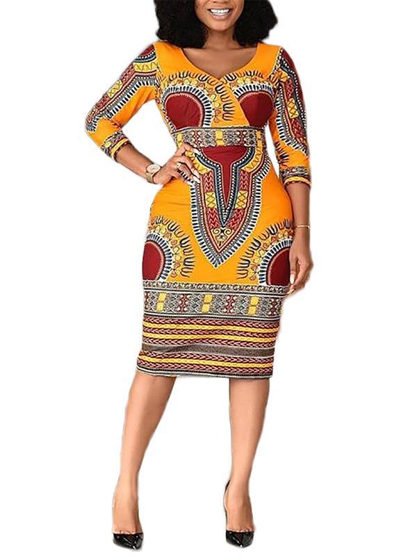 Women's African Ethnic Style 3/4-Sleeve V-Neck Dress