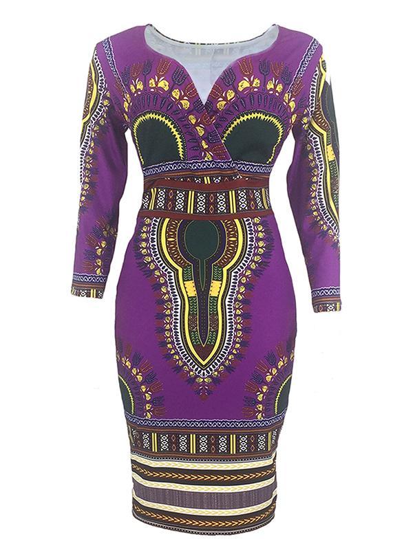 Women's African Ethnic Style 3/4-Sleeve V-Neck Dress
